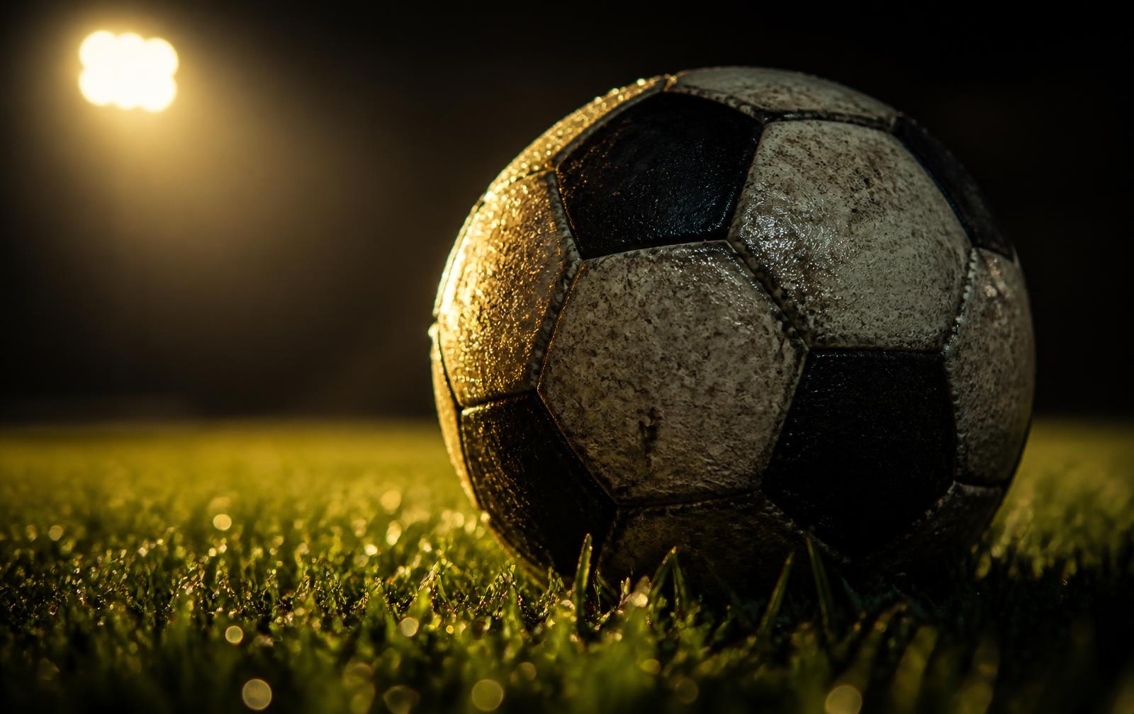 Bola gasta parada no gramado sob refletor