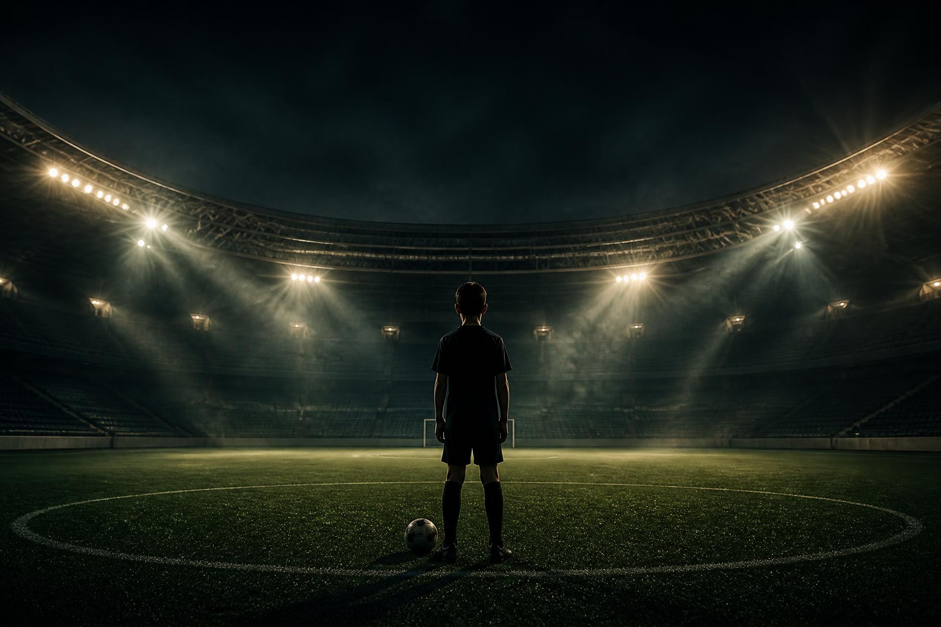 Estádio à noite sob refletores, arquibancadas ao fundo